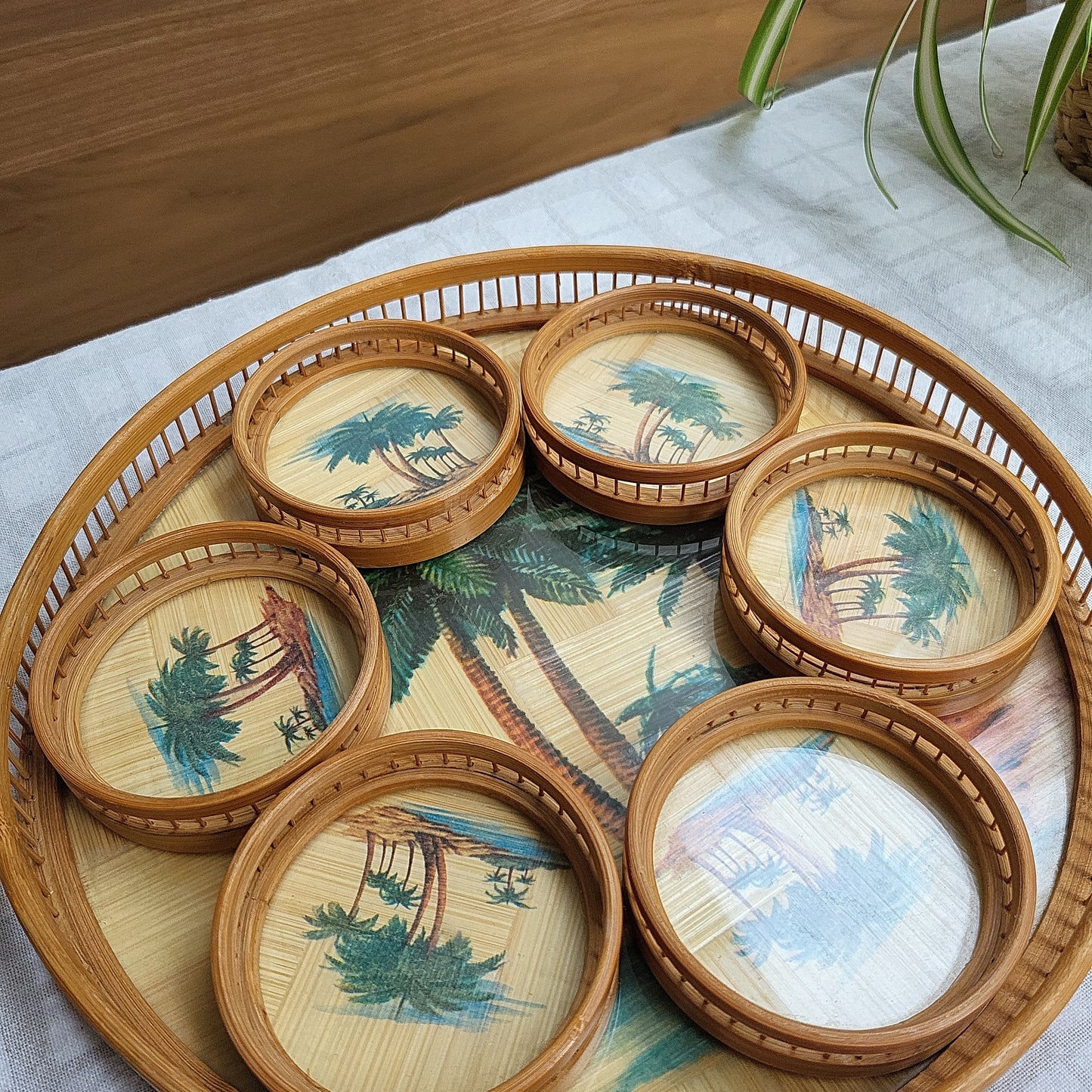 SOLD: Tropical palm serving tray and 6 coasters