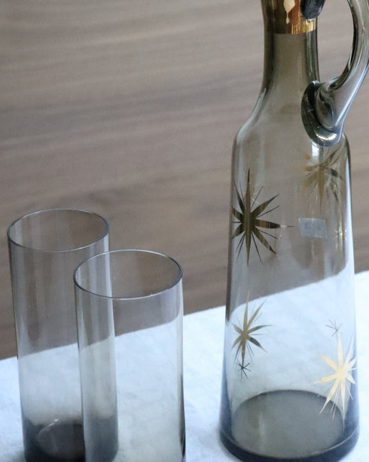 Carafe and Smoked Glass Water Glasses