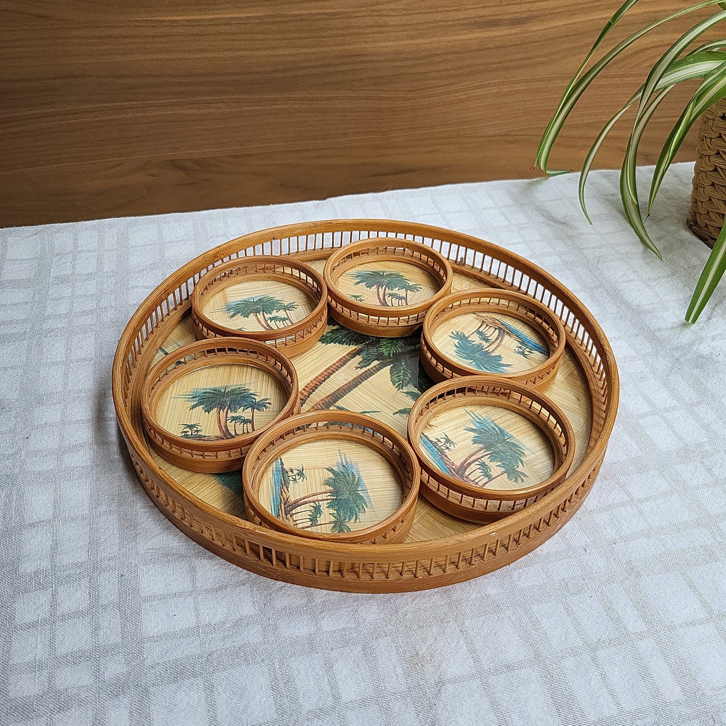 SOLD: Tropical palm serving tray and 6 coasters