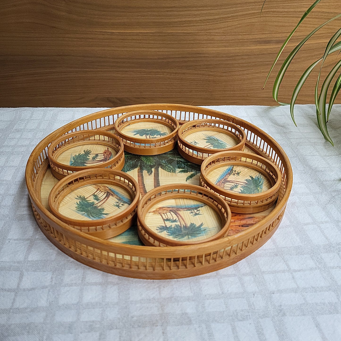 SOLD: Tropical palm serving tray and 6 coasters