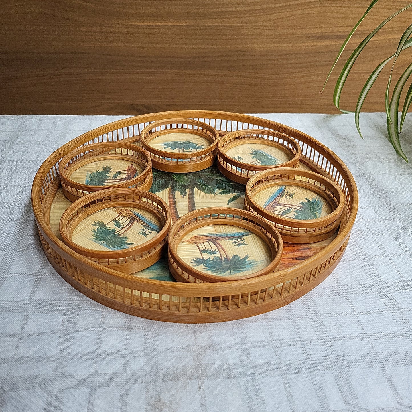 SOLD: Tropical palm serving tray and 6 coasters