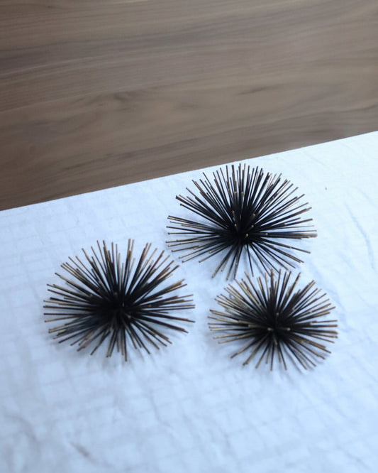 Three black sea urchin shells on a white cloth with a wooden surface in the background
