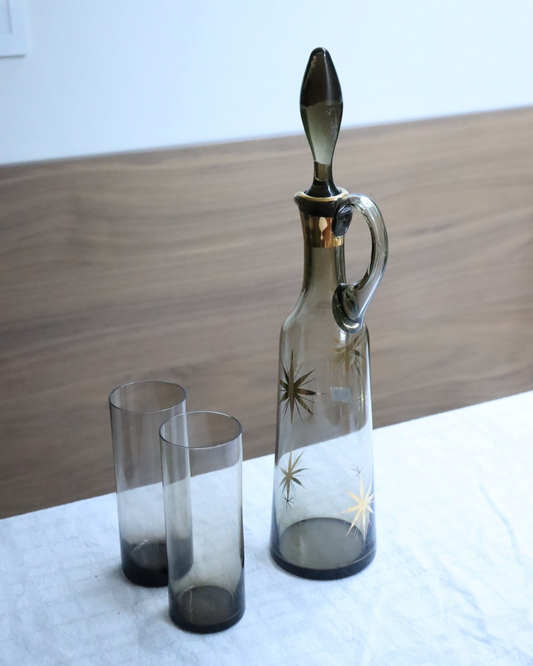 Carafe and Smoked Glass Water Glasses
