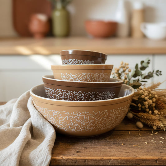 Three nested round bowls made of light brown glass with white floral prints, set on a dark wooden surface against a plain light background.