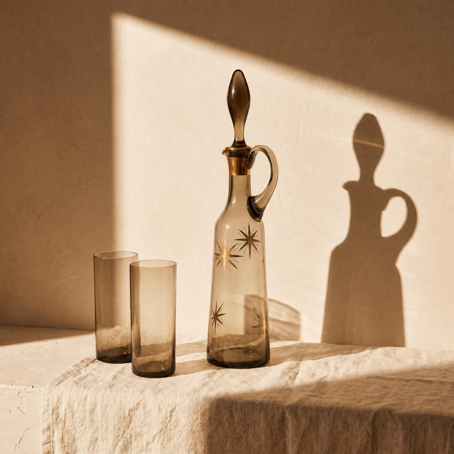 Caraffe and Smoked Glass Water Glasses