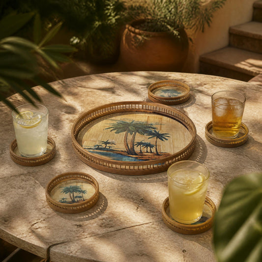 SOLD: Tropical palm serving tray and 6 coasters