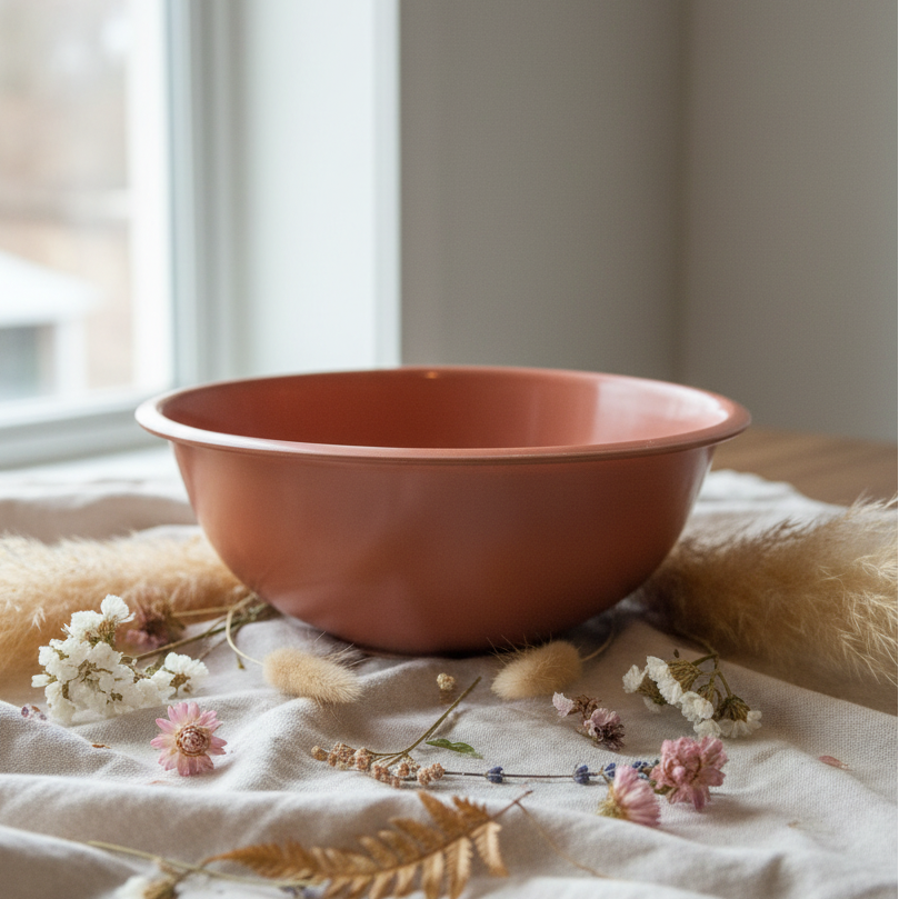 A terracotta-colored ceramic bowl with a wide rim, shown from a side profile against a white wall and a dark wood surface.