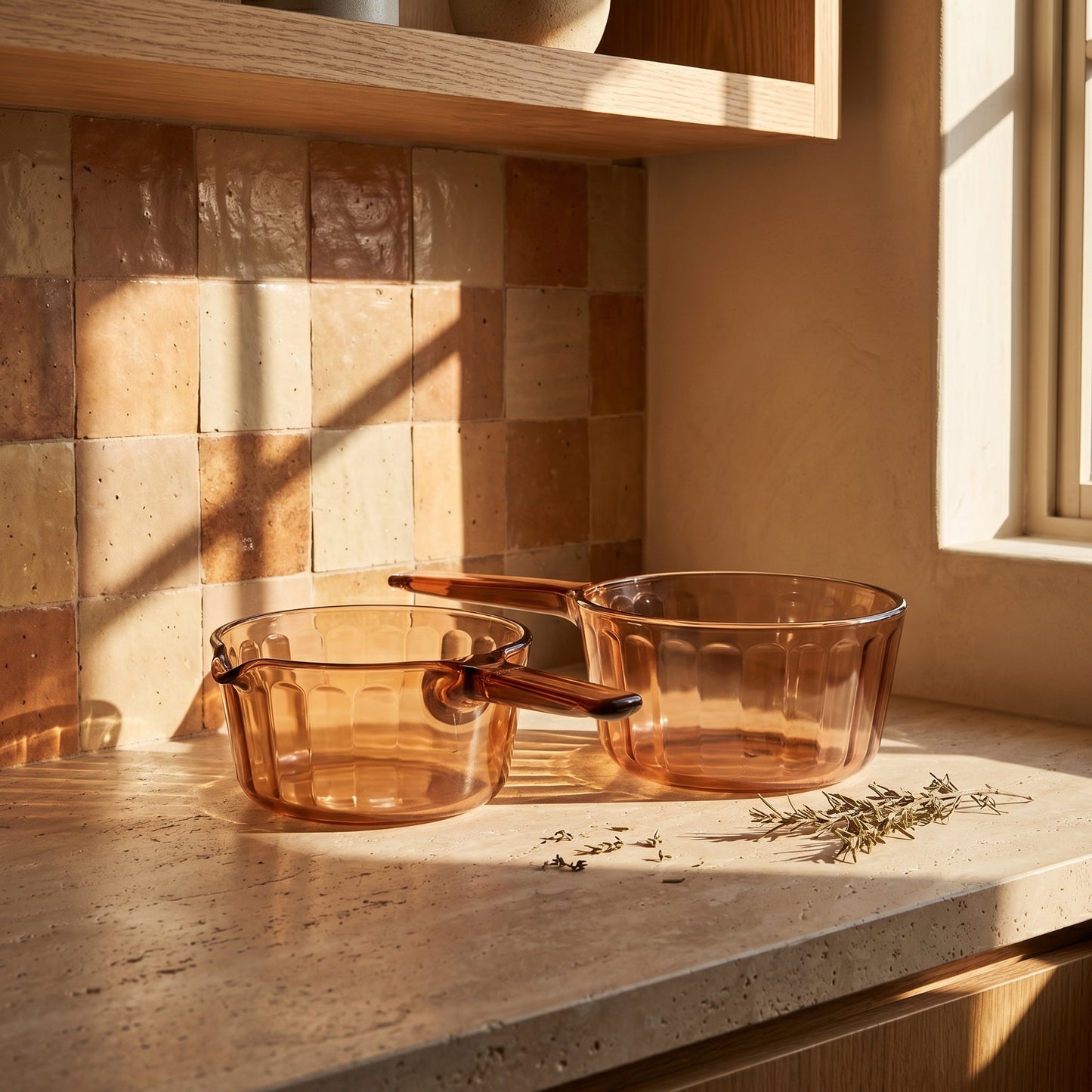 Sepia Glass Pots, Vision by Corning (set of 2) | 1970's
