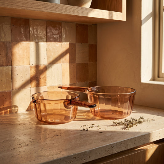Sepia Glass Pots, Vision by Corning (set of 2) | 1970's