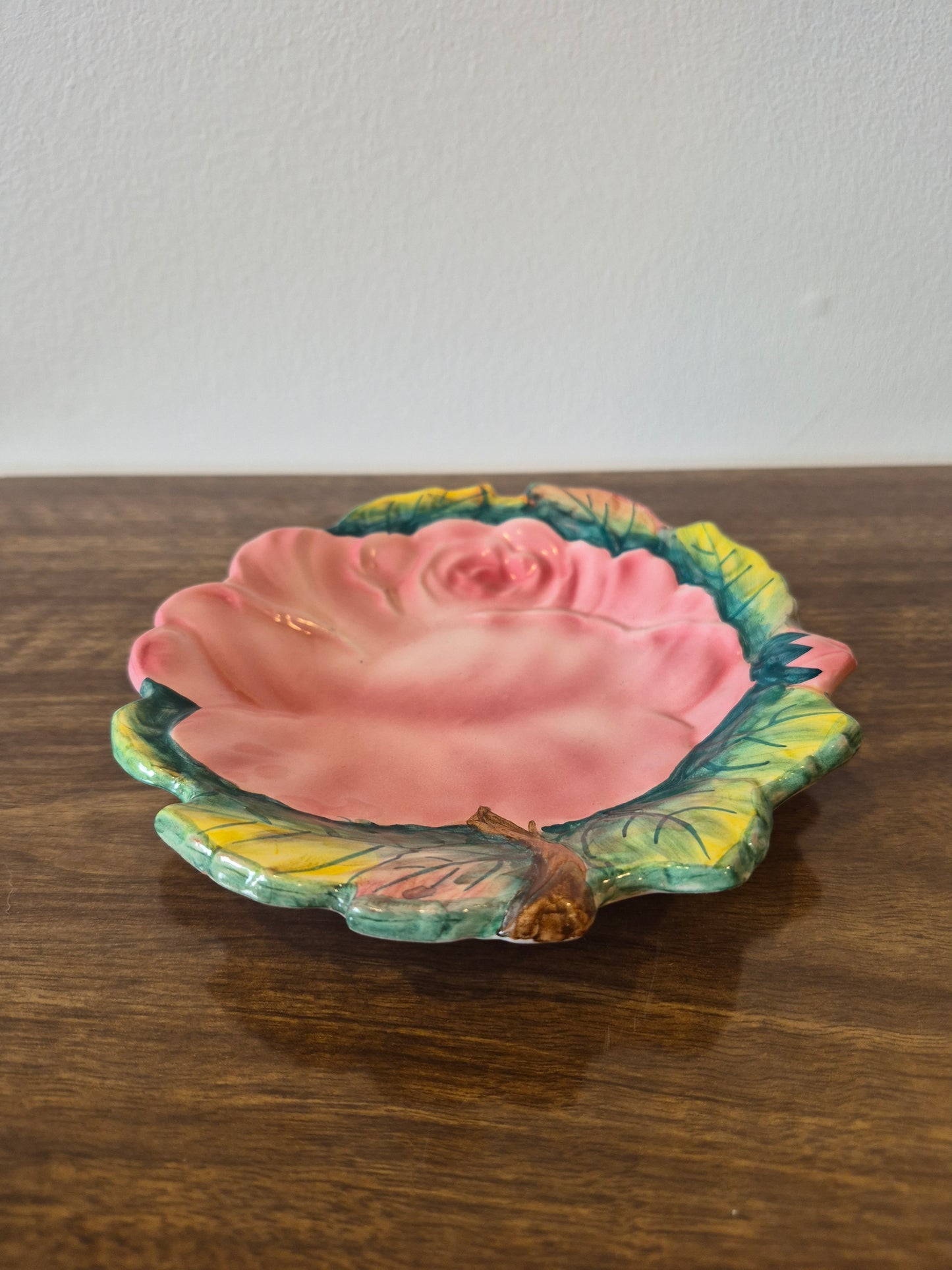 Italian Majolica Hand-painted Pink Rose Plate, Ugo Zaccagnini | 1930s