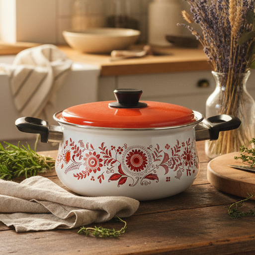 Prop-only - Debonaire Japanese Floral Enamel Pot  |  1960's