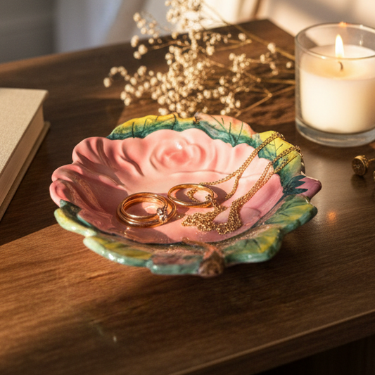 A ceramic rose-shaped jewelry tray with a pink center and green, blue, and yellow floral edges, styled on a wooden table with gold rings and necklaces inside, a lit candle, and dried flowers in the background.