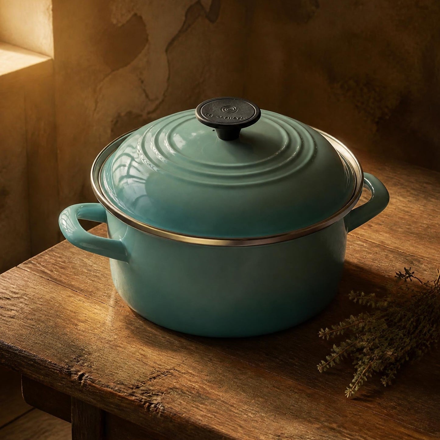 Turquoise enameled cast iron cookware on a wooden surface with warm lighting.